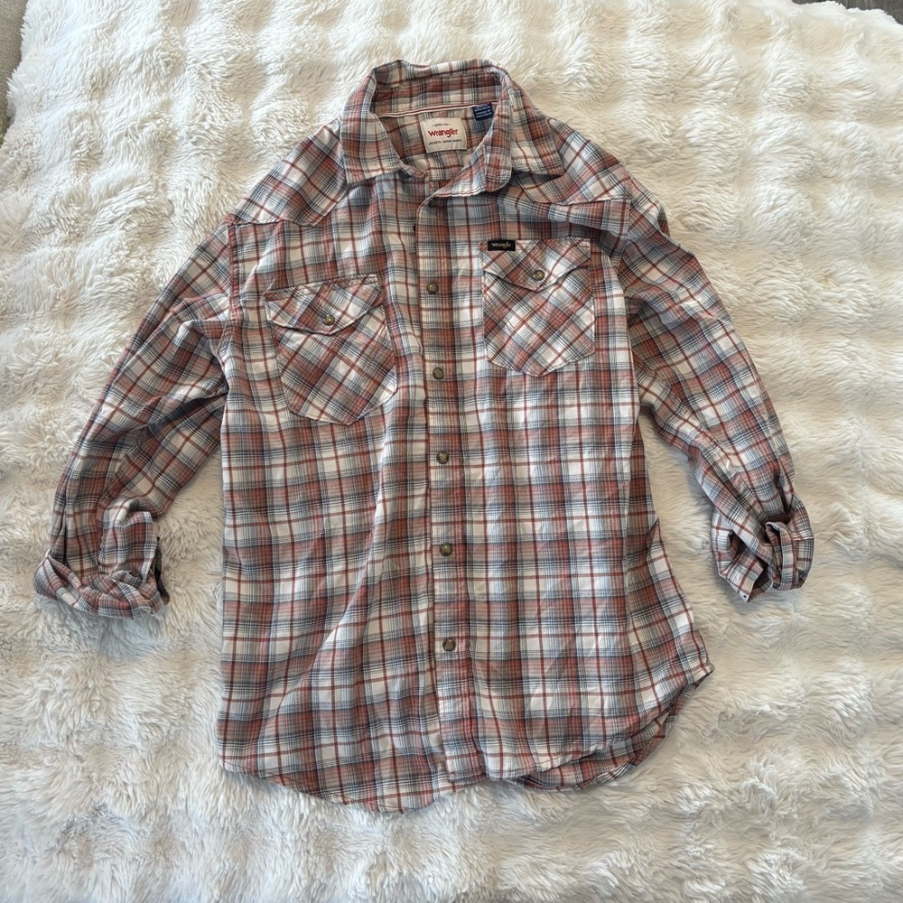 Wrangler Men’s Classic Long Sleeve Plaid Flannel Shirt Orange Blue Size Medium